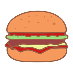 Illustration of a cartoon burger with visible layers of lettuce cheese and tomato sauce on white