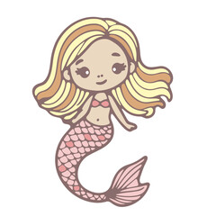 Illustration of a cute cartoon mermaid with blonde hair and a pink tail on a white background