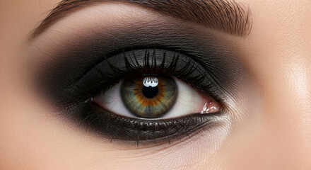 Obraz premium A high-detail, professional close-up photograph of a female eye with perfectly blended black eyeshadow, showcasing professional makeup artistry