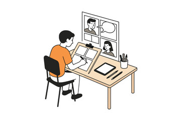 Remote collaboration: cartoonist video call while drawing at home desk