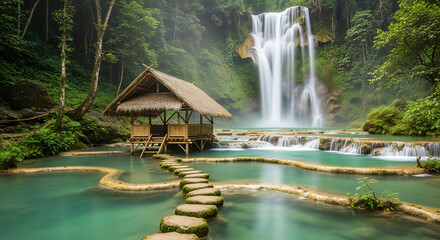 Beautiful bamboo hut beside tropical waterfall in lush rainforest, serene nature landscape with turquoise river and stone path, peaceful eco travel destination for relaxation and retreat