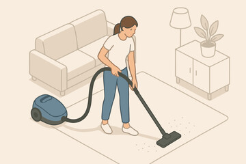 Isometric home cleaning scene with woman vacuuming living room carpet