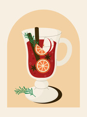 Flat vector illustration of mulled wine in a glass with orange, apple, cinnamon, and spices. Cozy winter and Christmas drink, perfect for holiday design and festive decoration.
