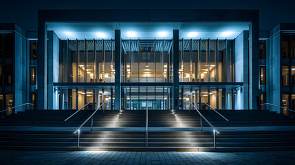 A large, empty staircase with a bright orange light shining on it