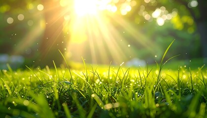Fototapeta premium Sunlit grass glistens softly