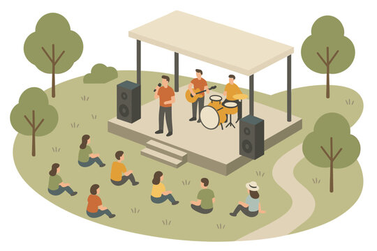 Outdoor isometric concert with musicians performing on stage in park setting