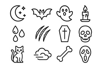 Spooky halloween icons: ghosts, bats, and more in bold black line art