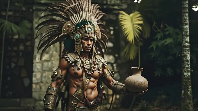 A man in a costume holding a vase in his hand