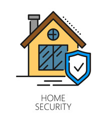 Home security company or service color line icon or label. Building security vector sign, home alarm service outline icon. House protection technology pictogram with cottage building and shield