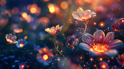 A colorful image of a flower field with a butterfly and a glowing circle in the background