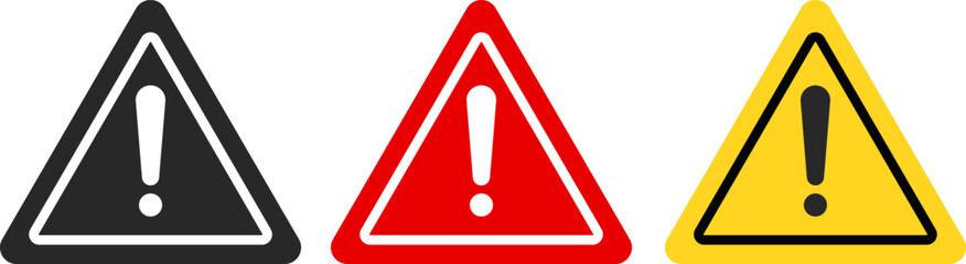 Red warning icon set. Exclamation mark icon. warning triangle with exclamation symbol. Caution, alert, Danger sign