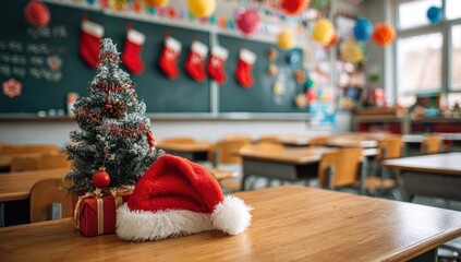 Festive classroom scene Christmas decorations on a desk, stockings, tree, and colorful balloons