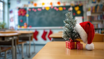 Festive classroom scene with Christmas tree, Santa hat, and gifts on a desk. Chalkboard background