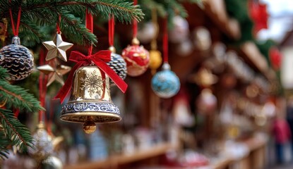 Festive close-up of ornaments hanging from a pine branch, focus on a bell with a red bow
