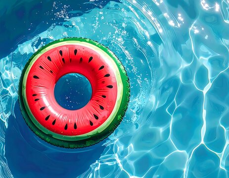 Bright watermelon floaty in a sparkling blue pool