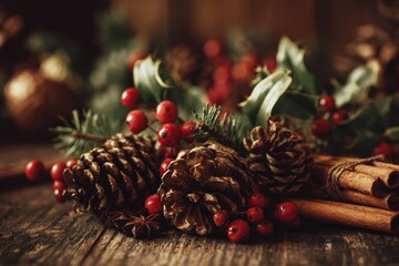 Festive holiday arrangement of pine cones, berries, evergreen sprigs, and cinnamon sticks