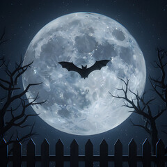 Fototapeta premium Halloween Full Moon with Flying Bat and Spooky Trees