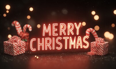 Festive illuminated greeting with candies and gifts on a dark, bokeh-lit background