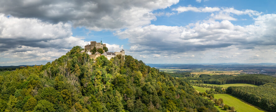 Buchlov a royal castle on a wooded hill aerial view, Czech republic