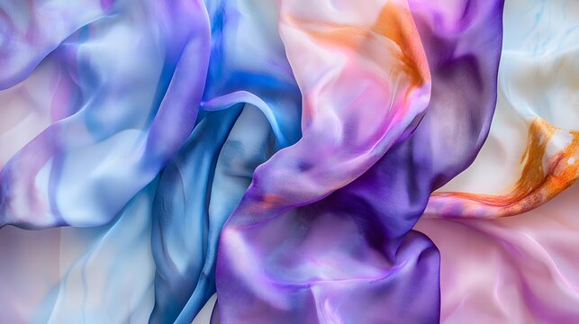 Abstract flowing silk fabric texture with vibrant blues, purples and oranges