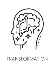 Transformation mental health, psychology line icon or pictogram. Psychology thin line vector icon, cognitive disorder lineart symbol. Mental health sign with head silhouette, brain and cogwheels