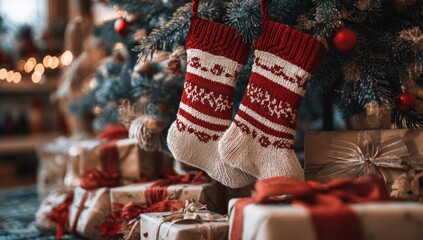 Festive scene, two red & white knit stockings hung on a decorated fir, gifts beneath