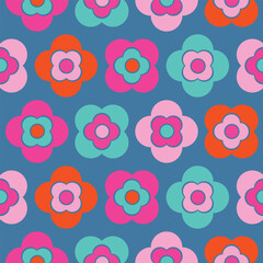 Vibrant 70s retro flowers geometric boho seamless pattern