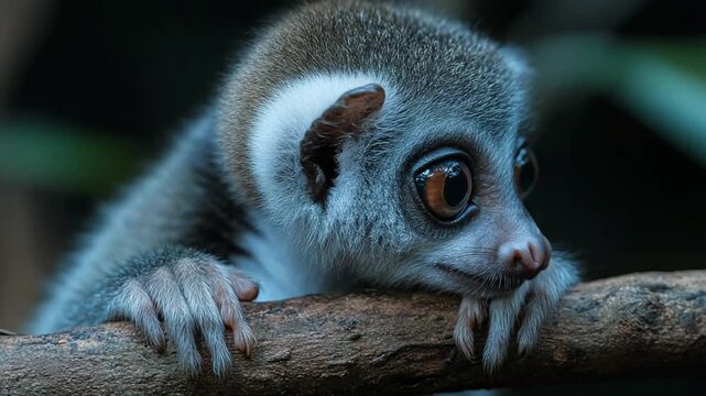 Cute big-eyed lemur peeking over a branch in a lush forest.