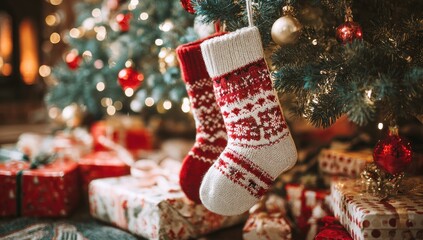 Festive scene with stockings, gifts, and a decorated tree in a warm, cozy indoor setting