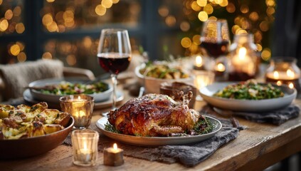 Festive table laden with roasted chicken, wine, sides, and candles, with soft bokeh lights