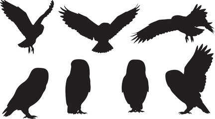 Black silhouette of owls in various flying and standing poses white bird