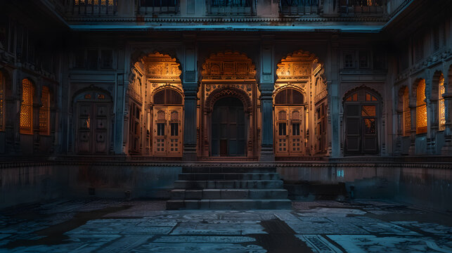A dark, abandoned building with a large moon in the sky