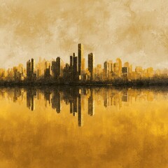 Golden Cityscape Reflection, Warm Urban Painting, Modern Architectural Art