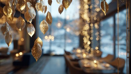 Gilded leaves dangle over a blurry restaurant interior with window views of a snowy landscape