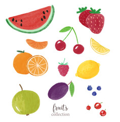 Hand drawn set of gouache illustrations: lemon fruit, watermelon, orange, cherry, apple, plum, berries. Primitive, naive style of drawing. Simple hand drawn fruits