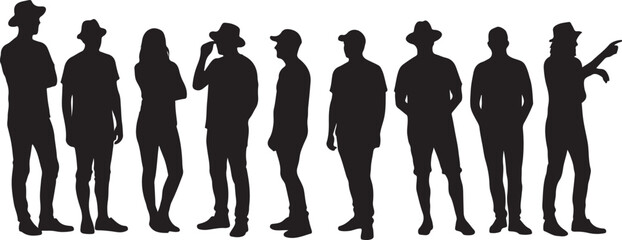Black silhouettes of diverse people standing in a line wearing hats and casual clothing group