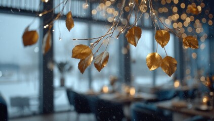 Golden-leafed chandelier inside, blurred restaurant background with snow outside a window