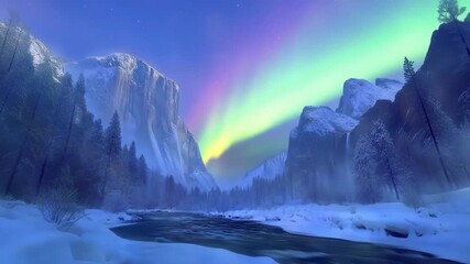 Winter landscape with mountains, river, and aurora borealis sky - Powered by Adobe