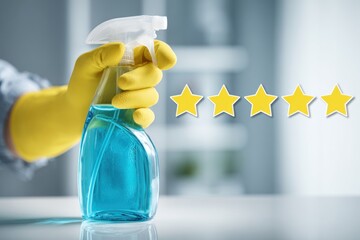 Hand in yellow glove holding spray bottle with blue liquid, 5 gold stars displayed