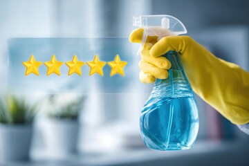 Hand in yellow glove holding spray bottle with five gold stars, signifying positive review