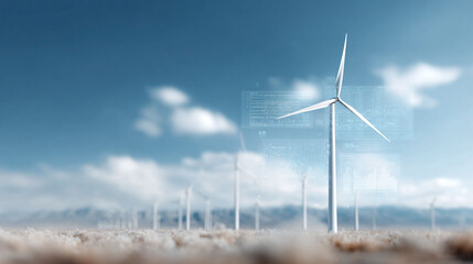 Wind turbine field with digital data overlays, symbolizing future energy, innovation, and sustainable technology. Great for green initiatives, power, and ecofriendly ads.