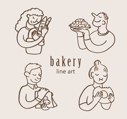 Hand drawn illustrations of the different people with pastry, people enjoying fresh pastry. Bakery set of illustrations. Line art clip art.