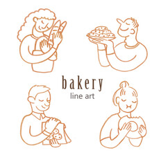 Hand drawn illustrations of the different people with pastry, people enjoying fresh pastry. Bakery set of illustrations. Line art clip art.