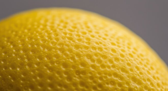 Detailed  showcases the textured surface of a bright yellow citrus fruit, highlighting the bumpy skin's intricate patterns and natural imperfections against a muted grey background, emphasizing the...