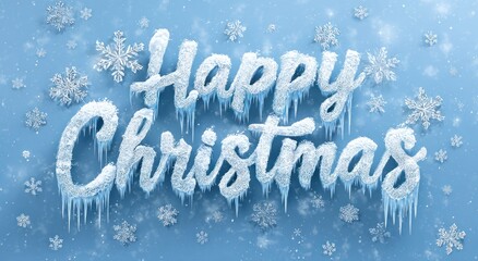 Happy Christmas" text with icy letters and surrounding snowflakes on a blue background