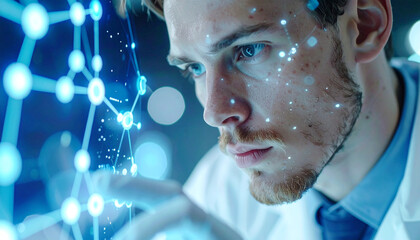 Scientist Analyzing Futuristic Interface: A dedicated scientist intensely focuses on a complex, glowing interface, symbolizing innovation, research.