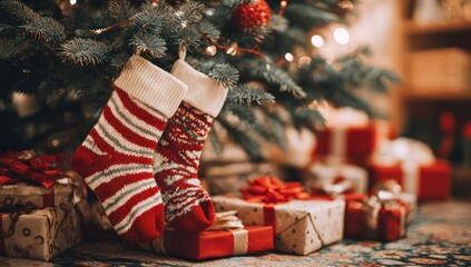 Holiday scene Decorated evergreen, hanging stockings, wrapped gifts, blurred background