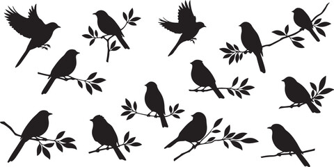 Collection of black bird silhouettes perched on branches with leaves leaf