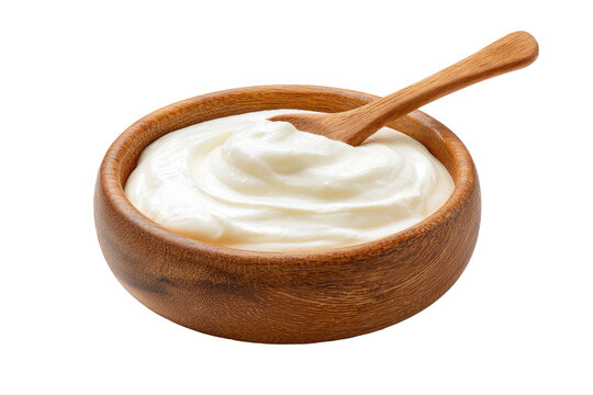 Creamy yogurt in a wooden bowl, a wooden spoon