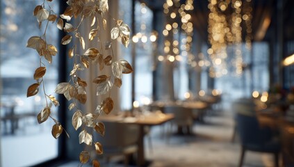 Interior restaurant scene, gold leaf decor, blurred background, festive ambiance, winter view